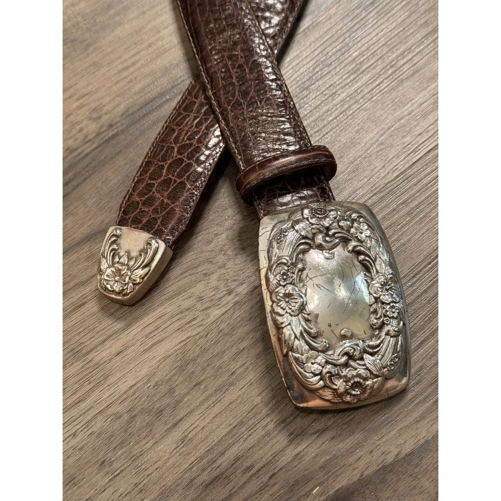 Brighton Vintage 90s Western Croc Leather Belt Brown Silver Floral Buckle 24009
